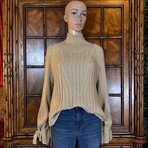 NWOT Bodilove Khaki Tan Cotton Blend Modern Cable Knit Tie Bow Sleeve Sweater